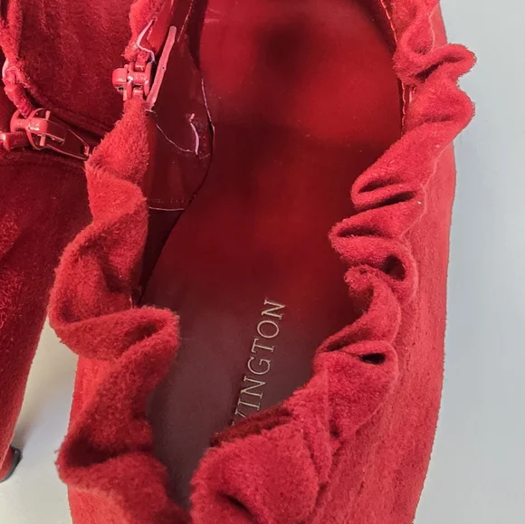 Red Ruffled Top Ankle Boots - Picture 2 of 5